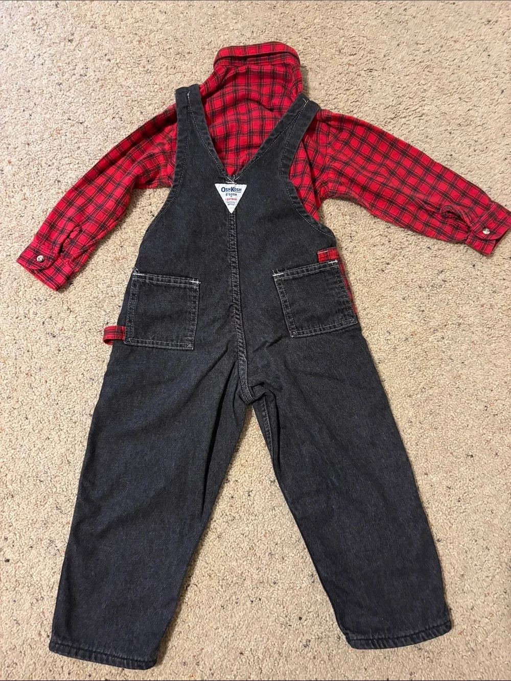 OshKosh B'gosh Black Denim Overalls with Red Plaid Accents